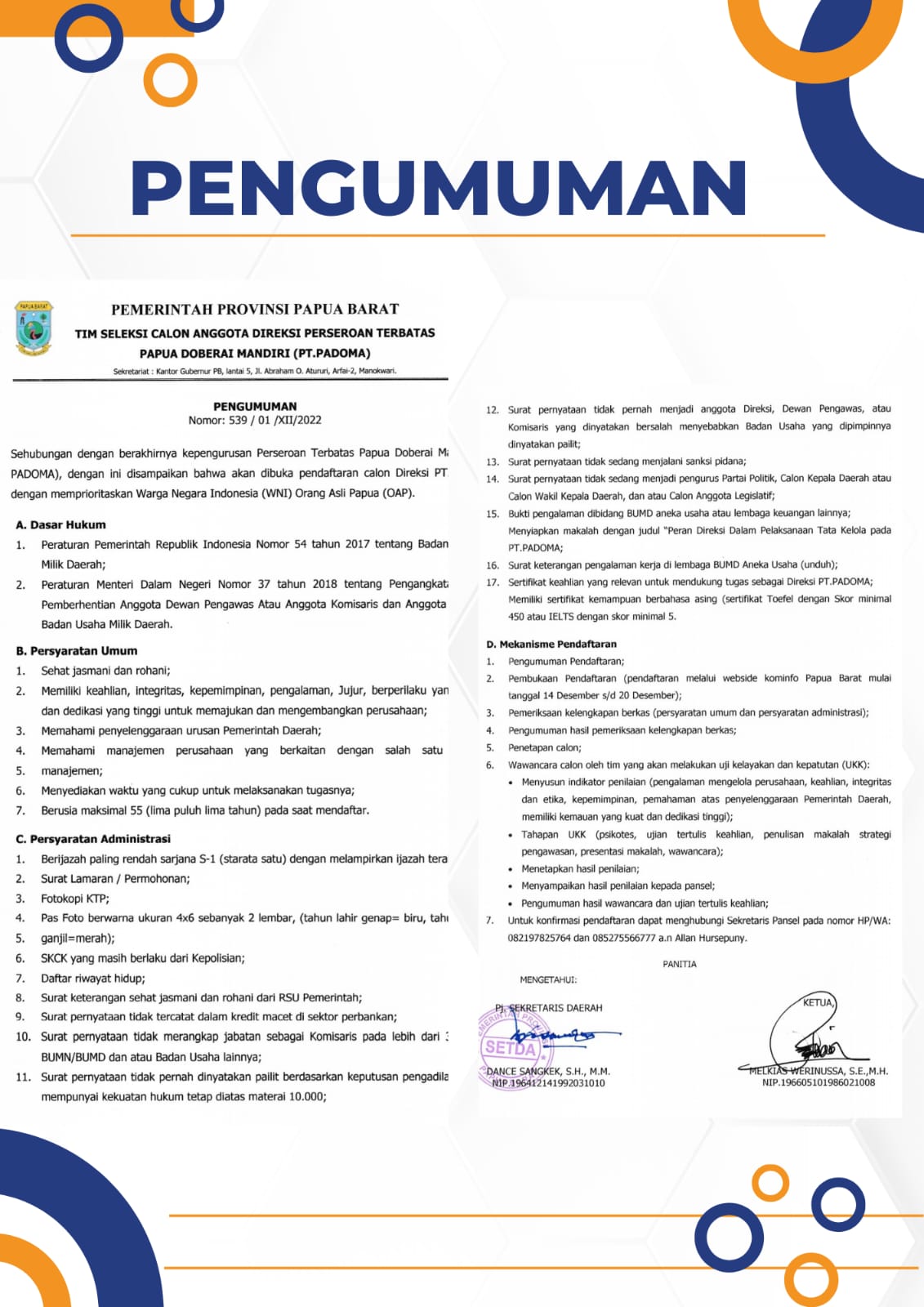 Pemerintah Provinsi Papua Barat Umumkan Pendaftaran Terbuka Calon Direksi PT.PADOMA, Berikut Selengkapnya