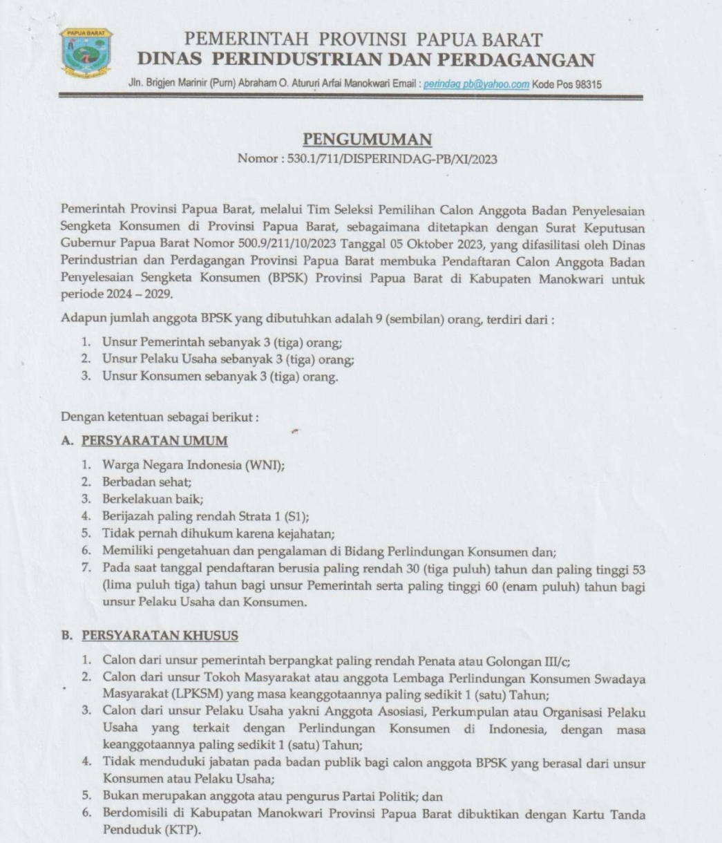 Pemprov Papua Barat Umumkan Seleksi Anggota BPSK Periode 2024-2029, Berikut Selengkapnya